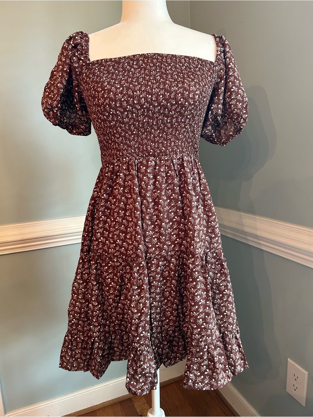 Smocked Square-Neck Floral Midi Dress in Brown small